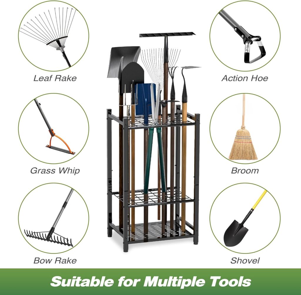 Sttoraboks Garden Tool Organizer, Yard Tool Tower Rack for Garage Organization and Storage, Up to 35 Long-Handled Tools/Rakes/Brooms, Heavy Duty Steel Garden Tool Stand for Shed, Outdoor, Home, Black