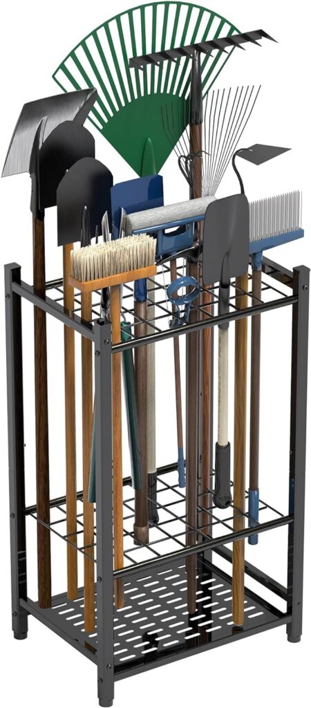 Sttoraboks Garden Tool Organizer, Yard Tool Tower Rack for Garage Organization and Storage, Up to 35 Long-Handled Tools/Rakes/Brooms, Heavy Duty Steel Garden Tool Stand for Shed, Outdoor, Home, Black