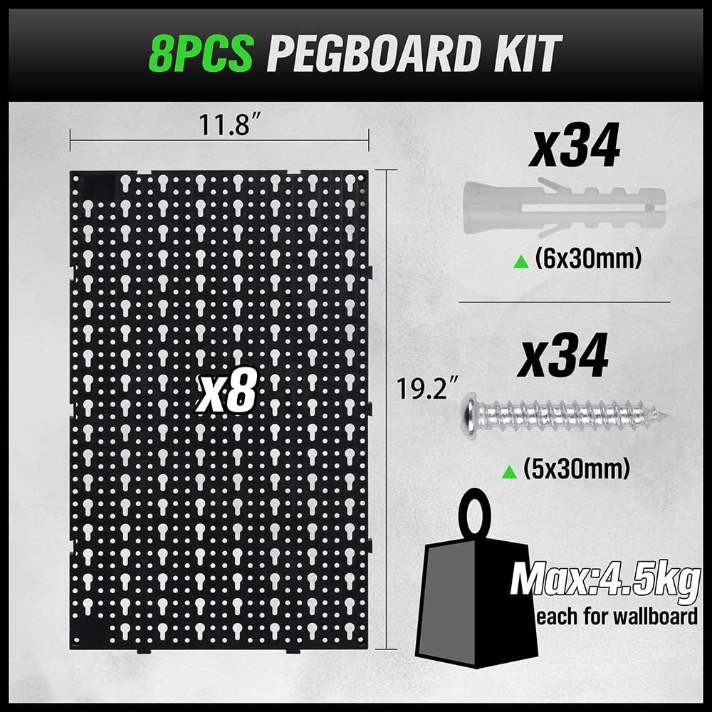 SWANLAKE 8PCS Black Plastic Pegboard Panels, 152Wide Garage Tool Pegboard