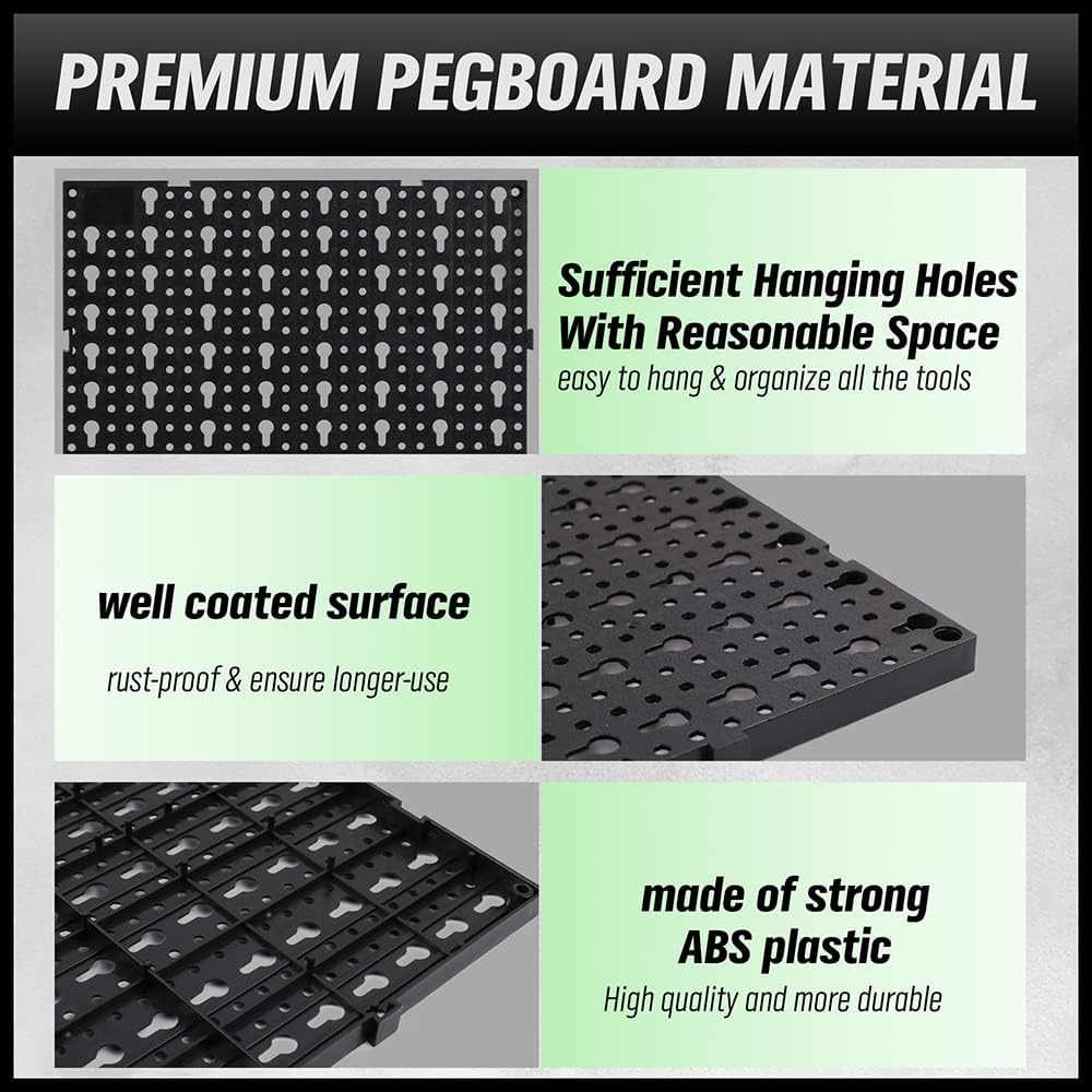 SWANLAKE 8PCS Black Plastic Pegboard Panels, 152Wide Garage Tool Pegboard