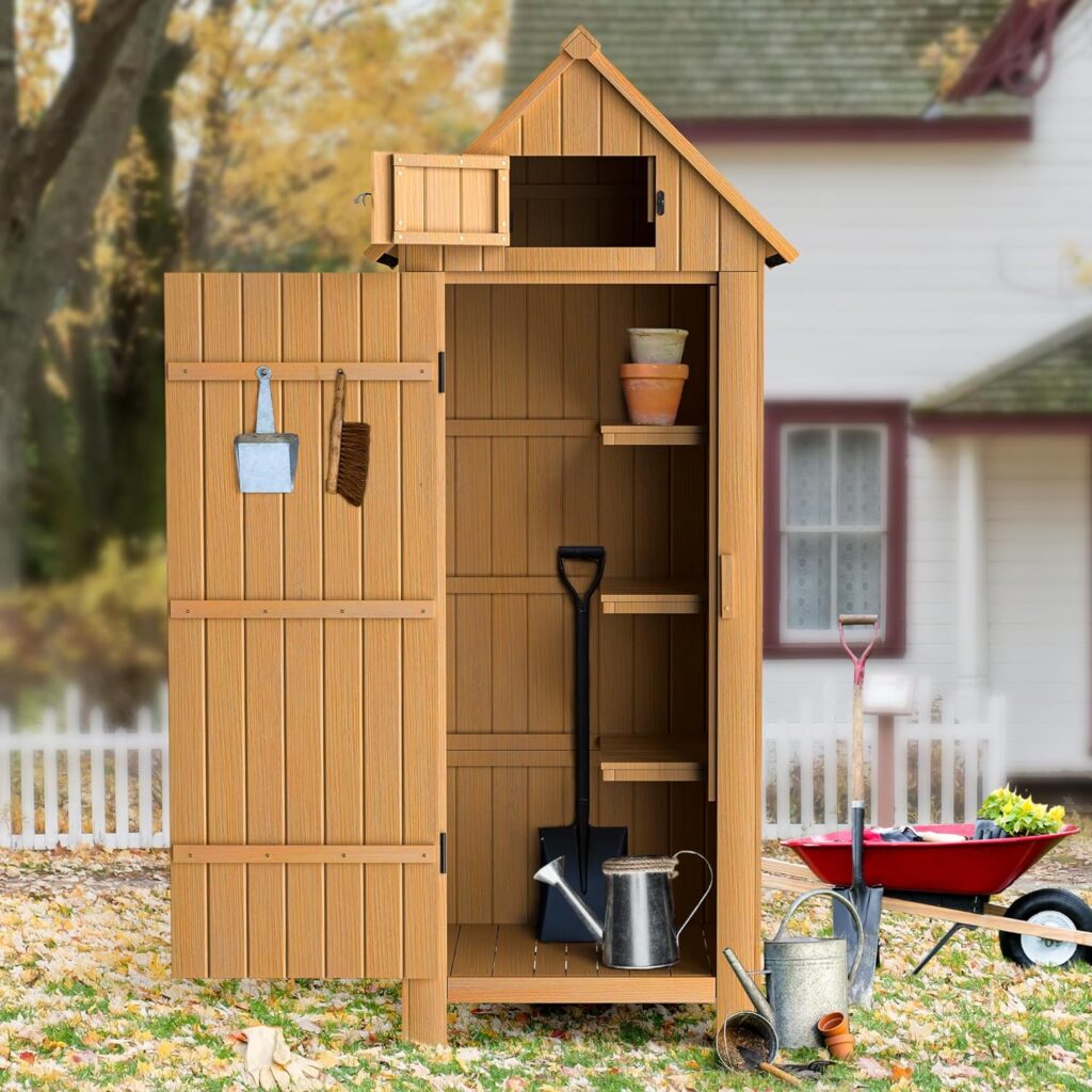 TOETOL Outdoor Storage Shed with Floor, Wooden Garden Tool Storage Cabinet, 70” Tall Water-Resistant Outhouse Kit for Deck, Patio, Garden and Yard