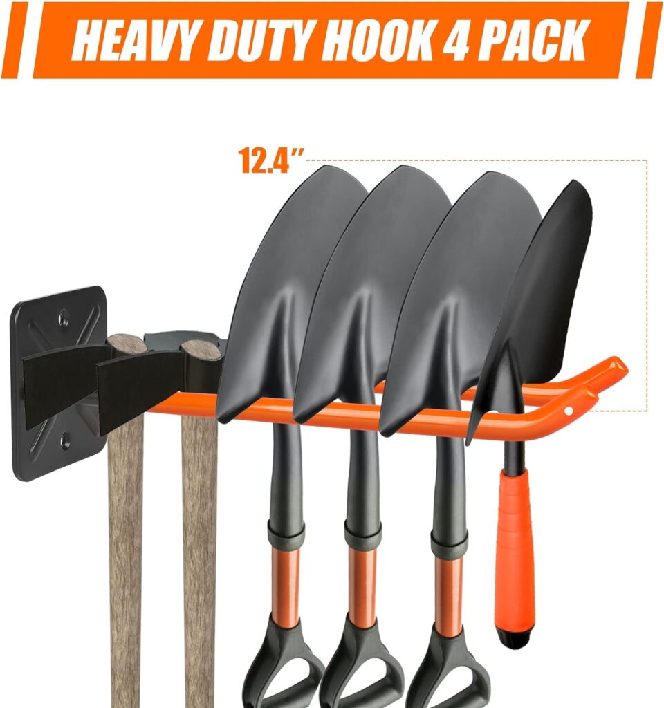 TVKB 12.6” Garage Hooks 4pcs Heavy Duty Hooks Garage Storage Hook Wall Mounted Tool Organizer Utility Hooks for Chairs, Car Tires, Ladders, Bikes, Garden Tools, with 2 Nylon Straps