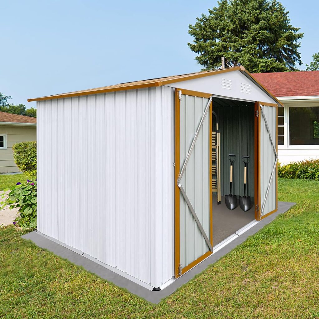 UBGO Outdoor Metal Storage Shed with Metal Floor Base,6ft x 8ft Outdoor Storage Shed,Waterproof Metal Garden Sheds with Lockable Door and Window,Weather Resistant Steel Tool Storage House Shed