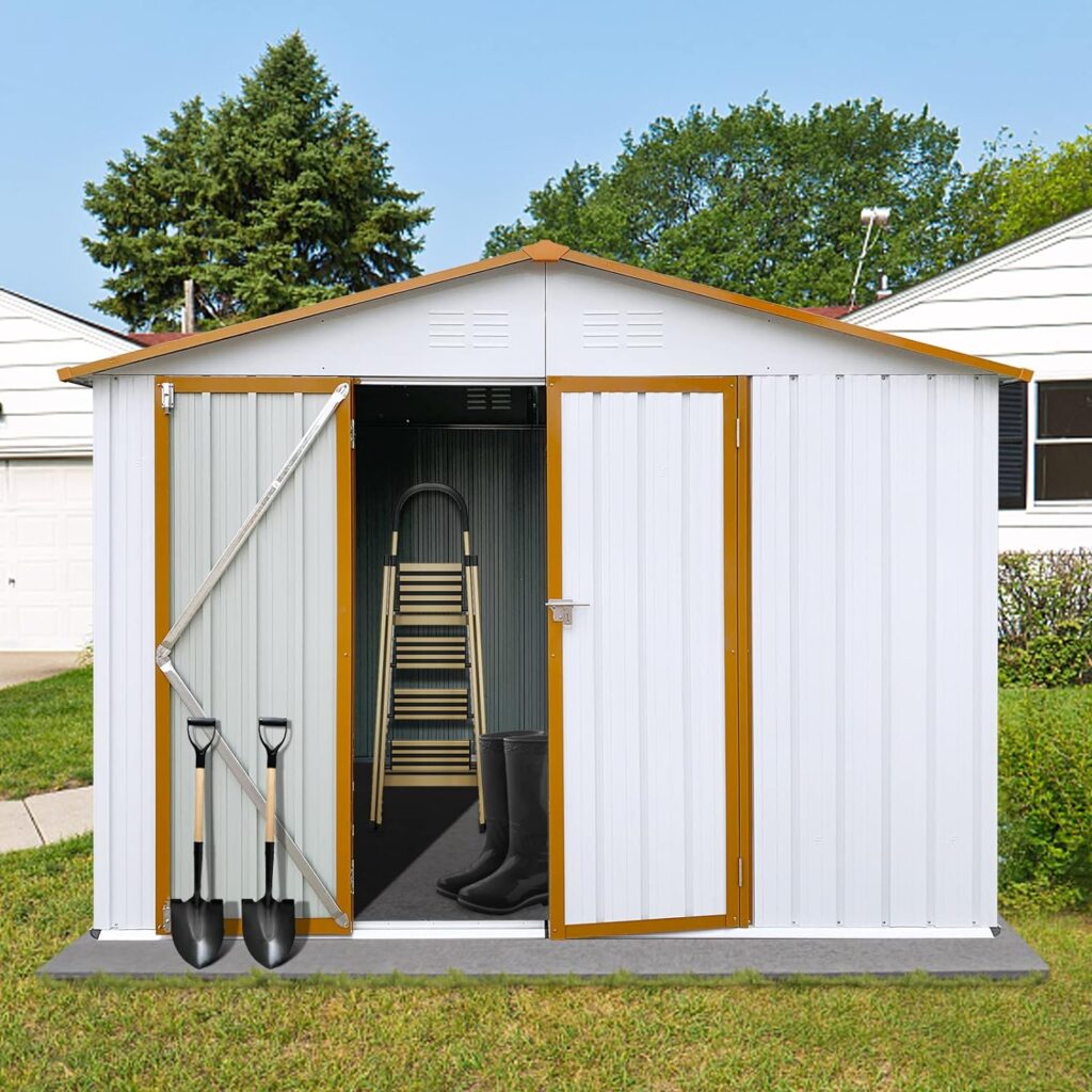 UBGO Outdoor Metal Storage Shed with Metal Floor Base,6ft x 8ft Outdoor Storage Shed,Waterproof Metal Garden Sheds with Lockable Door and Window,Weather Resistant Steel Tool Storage House Shed