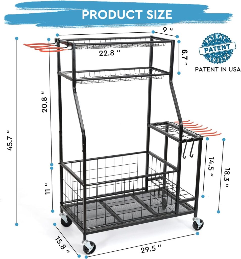 WEYIMILA Garden Tool Storage with Wheels, Yard Tool Organizer for Garage, Garage Organizer and Storage for Shed, Garden, Home, Outdoor, Heavy Duty Steel, Black