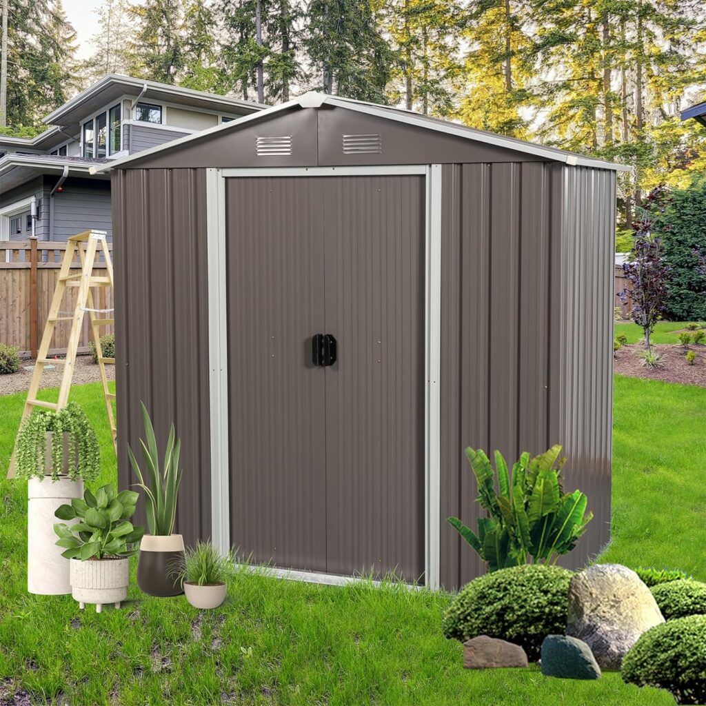ZLLQUWR 8 x 4 FT Storage Shed Outdoor Storage Sheds with Metal Floor Base Window Lockable Sliding Doors Triangular Roof Air Vents Garden Tool Storage Sheds for Outdoor Patio Gray