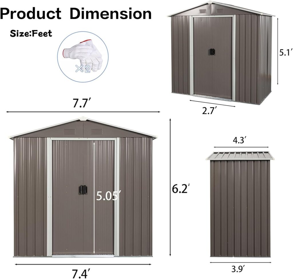 ZLLQUWR 8 x 4 FT Storage Shed Outdoor Storage Sheds with Metal Floor Base Window Lockable Sliding Doors Triangular Roof Air Vents Garden Tool Storage Sheds for Outdoor Patio Gray