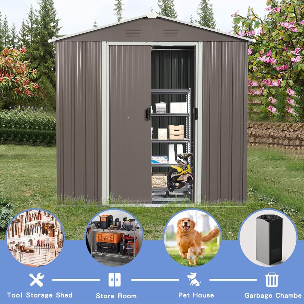 ZLLQUWR 8 x 4 FT Storage Shed Outdoor Storage Sheds with Metal Floor Base Window Lockable Sliding Doors Triangular Roof Air Vents Garden Tool Storage Sheds for Outdoor Patio Gray