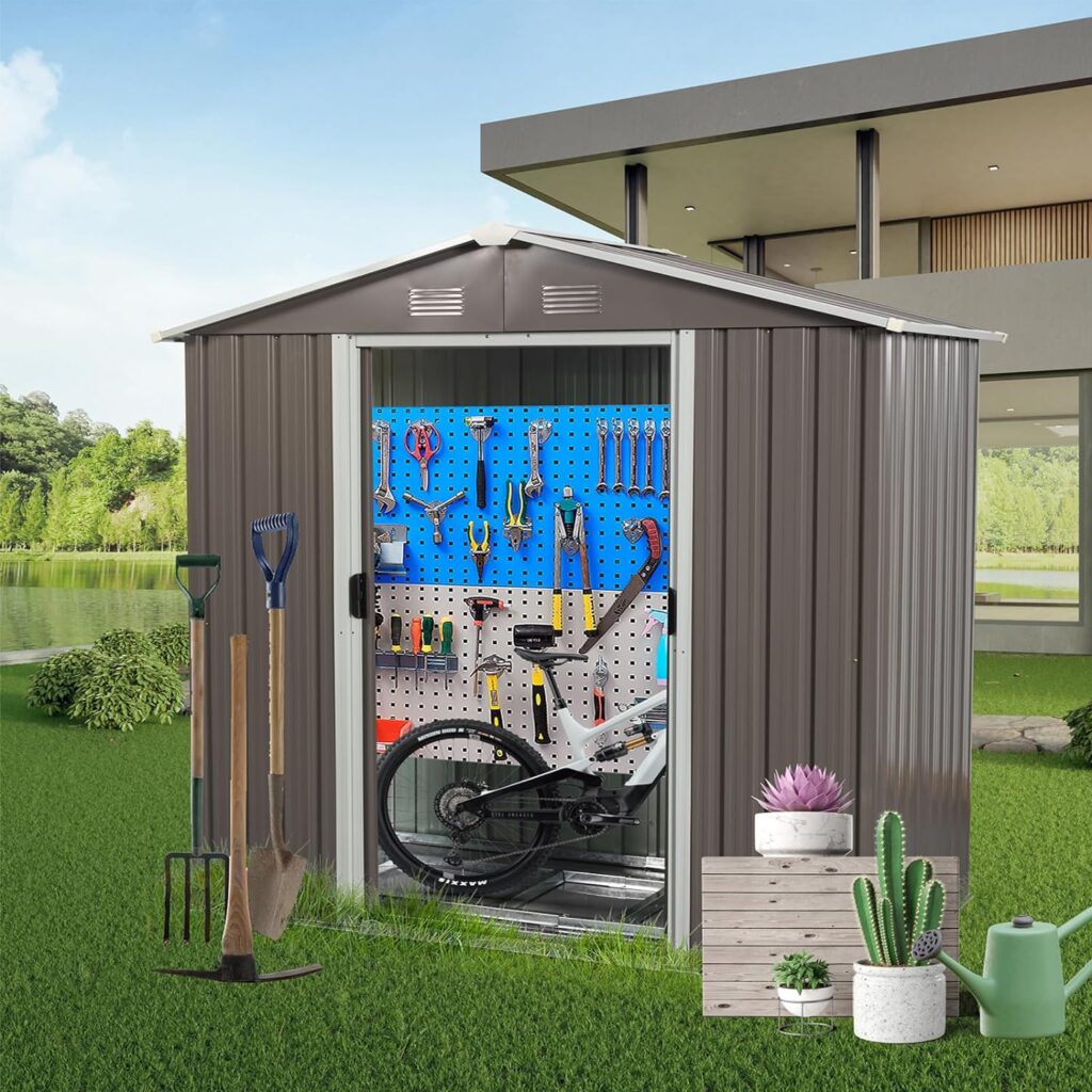 ZLLQUWR 8 x 4 FT Storage Shed Outdoor Storage Sheds with Metal Floor Base Window Lockable Sliding Doors Triangular Roof Air Vents Garden Tool Storage Sheds for Outdoor Patio Gray