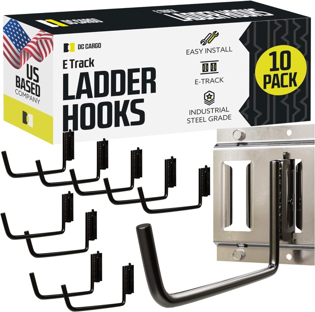 DC Cargo - Extended Flat J Hook E Track Ladder Hooks (10 Pack) - Shed, Garage Wall Hanger E Track Accessories - Storage Hangers for Ladders, Large Tools  Equipment - Heavy Duty Organize Holder Mount