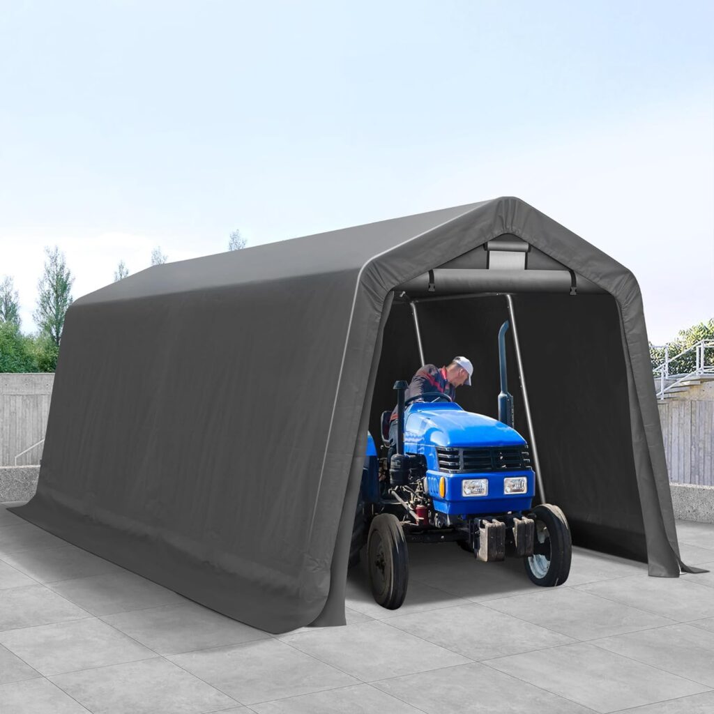 GARTOO 8 x 14 Outdoor Storage Shelter Shed- Heavy Duty Storage Tent with Roll-up Ventilated Windows, Portable Garage Zipper Storage shed for Bike, ATV, Motorcycle Shelter, Gray