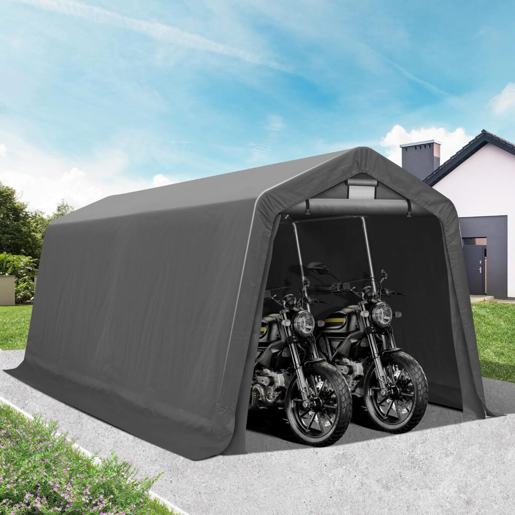 GARTOO 8 x 14 Outdoor Storage Shelter Shed- Heavy Duty Storage Tent with Roll-up Ventilated Windows, Portable Garage Zipper Storage shed for Bike, ATV, Motorcycle Shelter, Gray