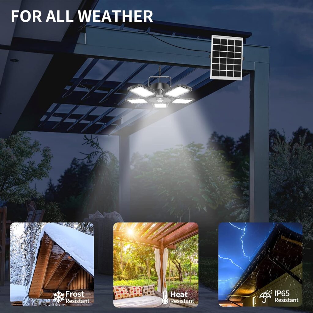 Solar Shed Light Indoor/Outdoor Work in Daylight, Aqonsie 160LED 1200LM Solar Pendant Light, 5-Leaf 120° Adjustable Solar Motion Sensor Light with Remote  6 Lighting Modes for Shed Gazebo Barn Garage