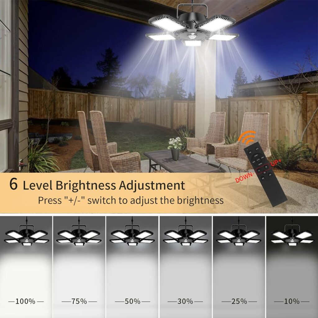 Solar Shed Light Indoor/Outdoor Work in Daylight, Aqonsie 160LED 1200LM Solar Pendant Light, 5-Leaf 120° Adjustable Solar Motion Sensor Light with Remote  6 Lighting Modes for Shed Gazebo Barn Garage