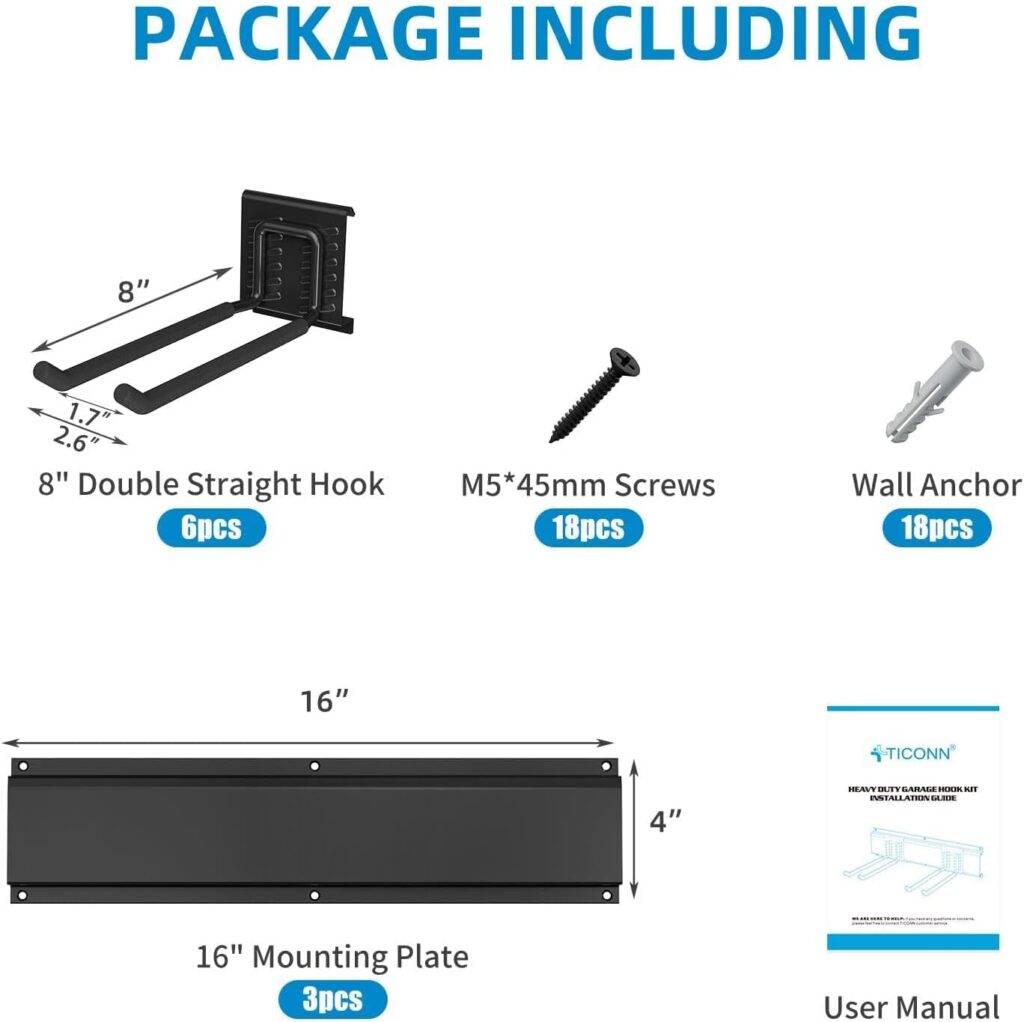 TICONN Garage Organization Tool Storage Utility Rack, Heavy Duty Wall Mounted Hanger Organizer System for Shed Garden Yard Tools, Ski Gears, Broom, Rake, Shovel (64 w/ 8 Straight Hooks)