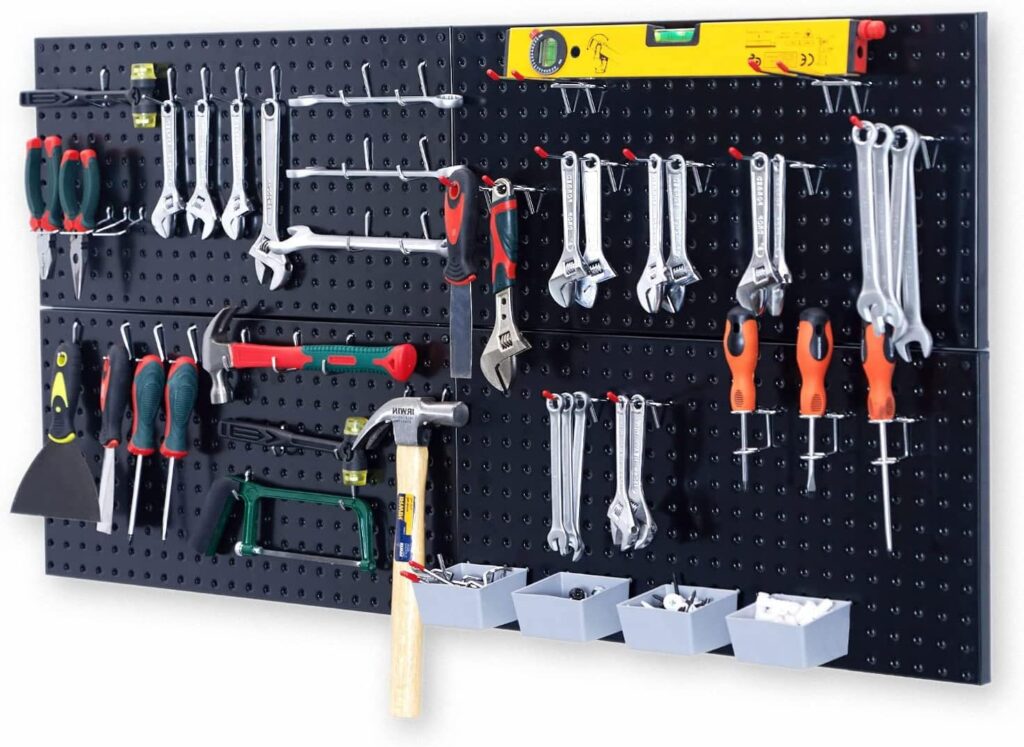 Wallmaster Pegboard Organizer Garage Storage - 48pcs Pegboard Hooks Set, Pegboard Tool Organizer with 48x24 Inch Steel Peg Board  4 Storage Bins（Black）